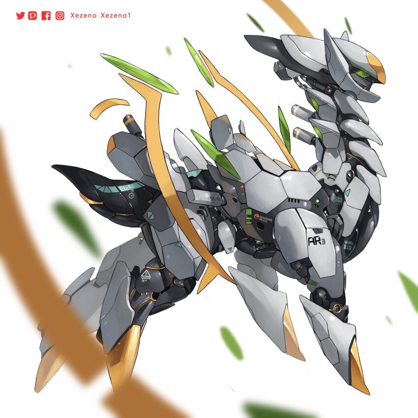 animal_focus arceus artist_name blurry colored_sclera commentary creatures_(company) depth_of_field english_commentary facebook_logo facebook_username floating full_body game_freak gen_4_pokemon green_eyes green_sclera highres instagram_logo instagram_username legendary_pokemon mecha mechanization mythical_pokemon nintendo no_humans no_pupils pixiv_logo pixiv_username pokemon pokemon_(creature) robot simple_background solo twitter_logo twitter_username white_background xezeno