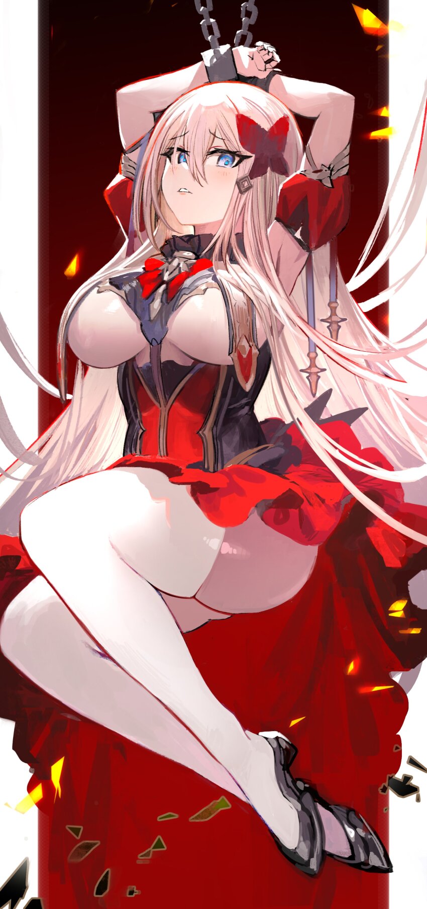 1girl absurdres armpits arms_up azur_lane black_footwear blonde_hair blue_eyes blush bound bound_wrists breast_curtains breasts butterfly_hair_ornament chain dress fortune_(azur_lane) fortune_(meta)_(azur_lane) full_body hair_between_eyes hair_ornament highres kaki_z3 large_breasts long_hair looking_at_viewer parted_lips red_dress solo thighhighs very_long_hair white_thighhighs