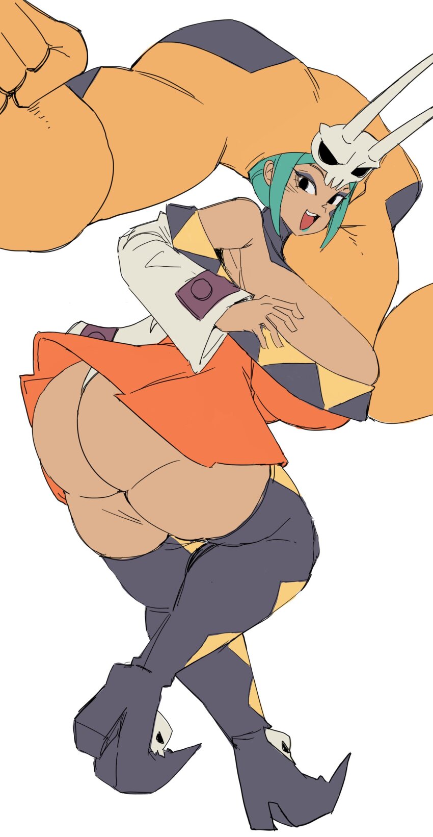 1girl absurdres ass bamman boots breasts cerebella_(skullgirls) clothes_lift dark-skinned_female dark_skin dress dress_lift eyeshadow full_body green_hair green_lips hat highres huge_breasts lipstick long_sleeves looking_at_viewer looking_back makeup open_mouth panties short_dress skindentation skullgirls smile solo thick_thighs thigh_boots thighs twisted_torso underwear vice-versa_(skullgirls) white_background wide_hips wide_sleeves