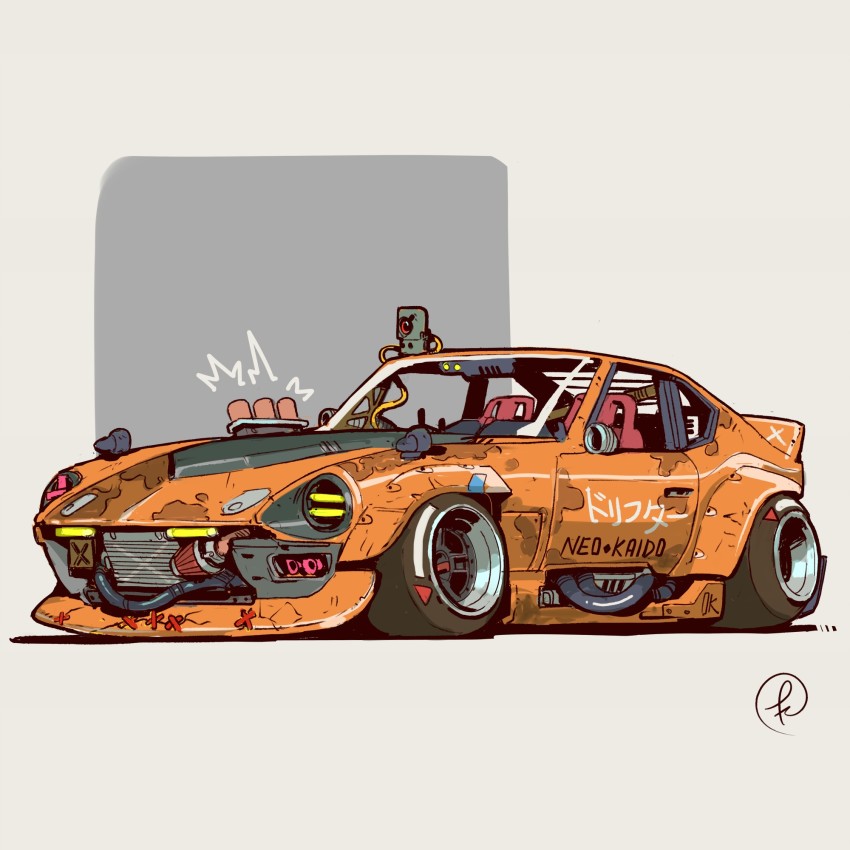 car commentary datsun datsun_240z english_text fernando_correa grey_background highres motor_vehicle nissan nissan_fairlady_z no_humans original race_vehicle racecar simple_background vehicle_focus wheel