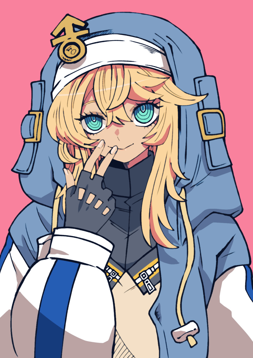 1boy androgyne_symbol batchgooya black_gloves blonde_hair bridget_(guilty_gear) fingerless_gloves gloves green_eyes guilty_gear guilty_gear_strive habit highres hood hood_up hooded_jacket hoodie jacket looking_at_viewer male_focus medium_hair open_clothes open_hoodie pink_background smile solo trap upper_body v
