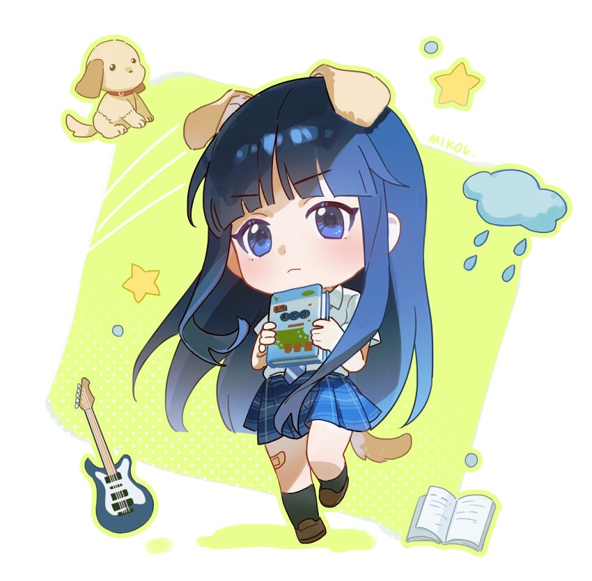 1girl absurdres animal_ears bandaid bandaid_on_leg black_socks blue_eyes book chibi chibi_only closed_mouth collared_shirt dog dog_ears dog_tail full_body guitar hair_between_eyes highres hime_cut holding holding_book houjou_high_school_uniform instrument long_hair mikou_(mikou_minnow) plaid_clothes plaid_skirt school_uniform shirt skirt socks standing tail touma_kazusa white_album_(series) white_album_2 white_shirt