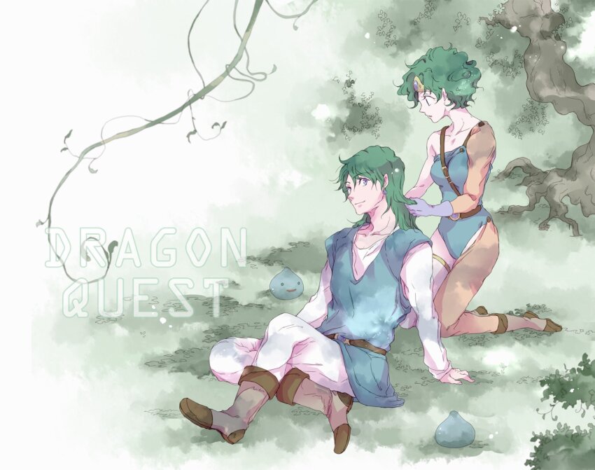 1boy 1girl blue_eyes blue_gemstone blue_leotard blue_tunic boots brown_footwear circlet curly_hair dragon_quest dragon_quest_iv earrings gem green_hair hand_in_another&#039;s_hair hero_(dq4) heroine_(dq4) isa_(chiyo-s) jewelry kneeling leotard long_hair pants shirt short_hair slime_(dragon_quest) thigh_strap tree tunic white_pants white_shirt