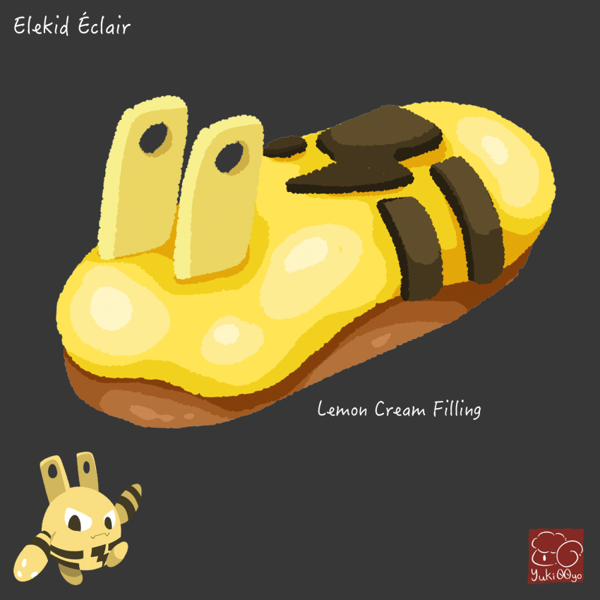 artist_logo artist_name character-themed_food character_name eclair_(food) elekid food food_focus food_name gen_2_pokemon grey_background highres logo nintendo no_humans pokemon pokemon_(creature) simple_background yuki00yo
