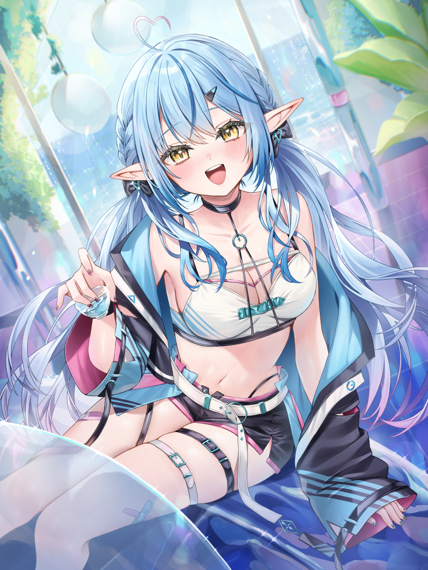 1girl :d absurdres ahoge bandaid bandaid_on_leg bandaid_on_thigh belt black_bow black_choker black_jacket black_shorts blue_hair blue_jacket blurry blurry_background bow braid breasts choker cleavage commentary_request cup day fishnet_top fishnets hair_bow heart heart_ahoge highres holding holding_cup hololive indoors jacket large_breasts long_hair looking_at_viewer low_twintails midriff multicolored_hair multicolored_jacket navel official_alternate_costume official_alternate_hairstyle open_mouth pink_jacket pointy_ears runlan_0329 short_shorts shorts side_braids side_slit side_slit_shorts sidelocks single_off_shoulder sitting smile solo streaked_hair teeth thigh_strap twintails two-sided_fabric two-sided_jacket upper_teeth_only virtual_youtuber white_belt wide_sleeves yellow_eyes yukihana_lamy yukihana_lamy_(cyber)
