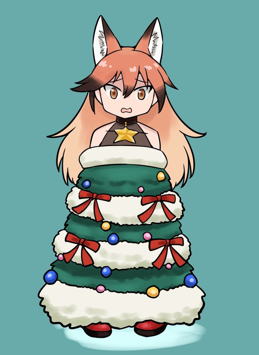 1girl animal_ears bare_shoulders black_choker blush brown_hair choker christmas_tree_costume commentary dress extra_ears fox_ears fox_girl fur_trim gravi_pig4891 green_dress hair_between_eyes highres jewelry kemono_friends kemono_friends_3 long_hair multicolored_hair necklace official_alternate_costume orange_eyes orange_hair red_fox_(kemono_friends) sidelocks sleeveless solo star_(symbol) star_necklace white_fur