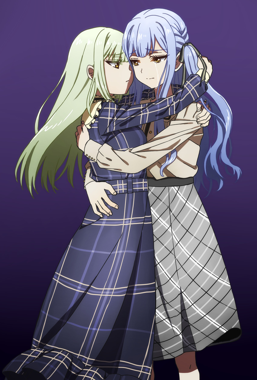 2girls arms_around_neck bang_dream! bang_dream!_it&#039;s_mygo!!!!! black_ribbon blue_dress blue_hair commentary_request commission dress gradient_background green_hair grey_skirt hair_ribbon hand_on_another&#039;s_waist highres hug long_hair long_sleeves multiple_girls oiun pixiv_commission plaid_clothes plaid_dress plaid_skirt purple_background ribbon shirt skirt togawa_sakiko two_side_up wakaba_mutsumi white_shirt yellow_eyes yuri