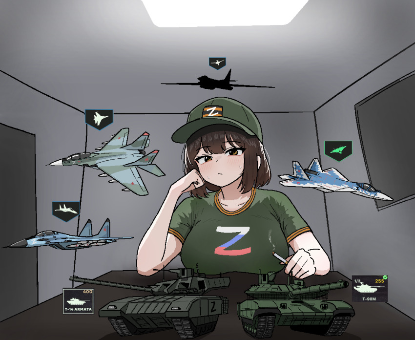 1girl aircraft airplane blush breasts brown_eyes brown_hair cigarette closed_mouth cocktiel77 collarbone commentary_request green_shirt hat holding holding_cigarette indoors korean_commentary looking_at_viewer medium_hair military_vehicle motor_vehicle original russian_air_force russian_ground_forces russian_flag shirt sidelocks sitting solo sweat t-14_armata t-90 t-shirt table tank