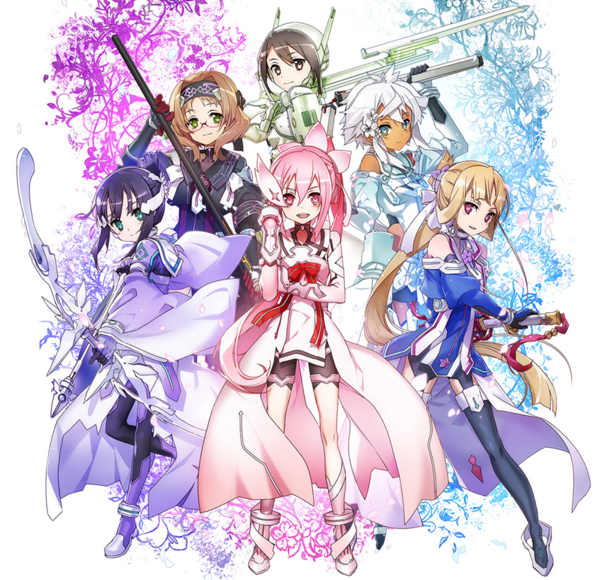 5girls akihara_sekka aqua_eyes arrow_(projectile) black_hair blush bow_(weapon) bunbun dark_skin dark-skinned_female flower flower_request full_body glasses green_eyes hair_flower hair_ornament hair_ribbon headband highres kohagura_natsume kusunoki_mebuki kusunoki_mebuki_wa_yuusha_de_aru long_hair multiple_girls nogi_wakaba nogi_wakaba_wa_yuusha_de_aru nunchaku official_art pink_eyes pink_hair polearm purple_eyes ribbon short_hair silver_hair sword tan time_paradox washio_sumi washio_sumi_wa_yuusha_de_aru weapon yuuki_yuuna yuuki_yuuna_wa_yuusha_de_aru yuuki_yuuna_wa_yuusha_de_aru:_hanayui_no_kirameki yuusha_de_aru