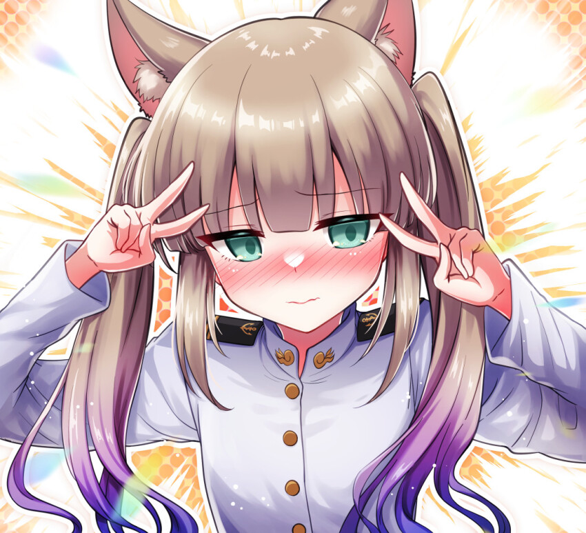 1boy alternate_hairstyle animal_ear_fluff animal_ears aqua_eyes blue_hair blunt_bangs blush captain_nemo_(fate) captain_nemo_(first_ascension)_(fate) cat_ears commentary_request double_v embarrassed fate/grand_order fate_(series) gradient_hair jacket light_brown_hair long_hair male_focus military_jacket military_uniform multicolored_hair nemo_(fate) paid_reward_available shell_ocean trap twintails v wavy_mouth white_jacket