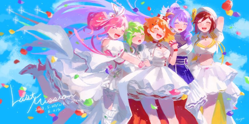 5girls :d ^_^ beret blonde_hair blue_hair bow breasts cleavage cleavage_cutout closed_eyes clothing_cutout cloud colored_tips contrail cropped_shirt dated dress facing_viewer freyja_wion hair_behind_ear hair_bow hair_bun hair_ribbon hat head_tilt heart heart-shaped_hair highres jacket kaname_buccaneer long_hair macross macross_delta makina_nakajima medium_breasts medium_hair mikumo_guynemer multicolored_hair multiple_girls open_mouth orange_hair pink_hair puffy_short_sleeves puffy_sleeves purple_hair purple_skirt red_hair red_skirt reina_prowler ribbon ro_(tuyu_416) shirt short_hair short_sleeves single_hair_bun skirt sky small_breasts smile streaked_hair very_long_hair walkure_(macross_delta) white_bow white_dress white_hat white_jacket white_ribbon white_shirt white_skirt