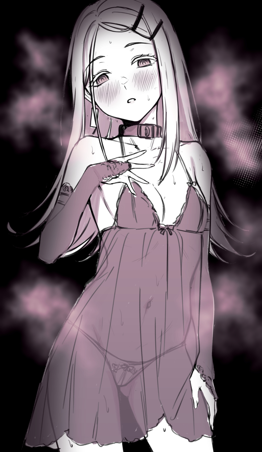 1girl blush bow bow_chemise bow_panties breasts bridal_gauntlets chemise cleavage collar cowboy_shot deras elbow_gloves gakuen_idolmaster gloves hair_ornament hairclip hand_on_own_chest hand_on_own_thigh highres idolmaster long_hair looking_at_viewer monochrome navel panties parted_lips see-through_chemise see-through_clothes shinosawa_hiro small_breasts solo sweat underwear underwear_only