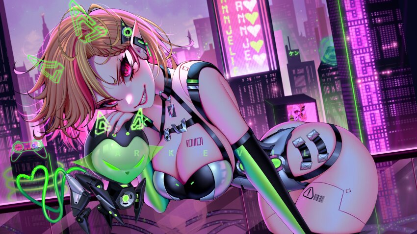 1girl a.n.n.j._(annjelife) absurdres ark_evil02 artist_name ass bent_over blonde_hair braid breasts building cityscape cleavage detached_sleeves eyelashes fingernails grey_leotard grin hair_ornament hand_on_another&#039;s_head heart highres holographic_horns indie_virtual_youtuber joints large_breasts leotard multicolored_hair multicolored_leotard neon_lights o-ring pink_eyes pink_hair pointy_ears robot_joints second-party_source sharp_fingernails sharp_teeth skyscraper smile streaked_hair symbol-shaped_pupils teeth triangle-shaped_pupils virtual_youtuber