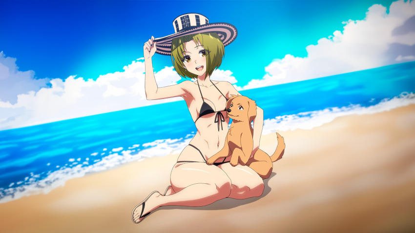 1girl beach bikini black_bikini blue_sky breasts colombian_hat dog green_hair highres medium_breasts patrick_fche ryumivt sky smile swimsuit twitch virtual_youtuber wide_hips yellow_eyes youtube