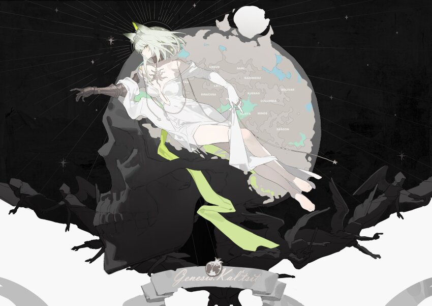 1girl absurdres alternate_costume animal_ears arknights bare_legs barefoot breasts cat_ears cat_girl character_name closed_mouth commentary dress expressionless fine_art_parody full_body gauntlets green_eyes green_sash highres jacknife kal&#039;tsit_(arknights) long_sleeves looking_at_viewer map medium_breasts off-shoulder_dress off_shoulder parody profile sash short_hair single_gauntlet skull solo_focus the_creation_of_adam white_dress white_hair