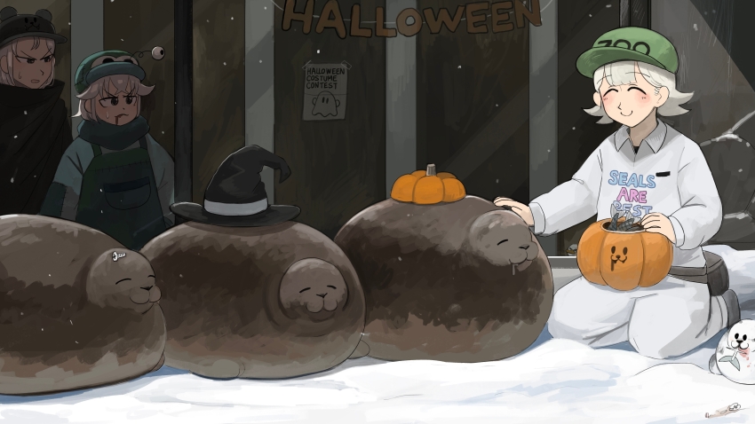 3girls absurdres bear_hat bird black_coat black_hat blood blood_from_mouth closed_eyes clothes_writing coat commentary diva_(hyxpk) donut_stamp drooling duck english_commentary fake_blood fish green_hat green_overalls grey_hair halloween halloween_costume hat highres multiple_girls overalls pants penguin_keeper_(diva) polar_bear_keeper_(diva) pumpkin seal_(animal) seal_keeper_(diva) shirt short_hair slice_of_life smile white_pants white_shirt witch_hat zoo zookeeper zookeepers_(diva)