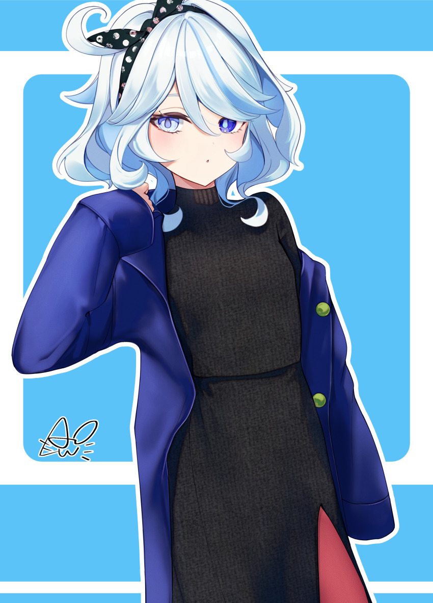 1girl :o absurdres alternate_costume asahi_(vjss4548) black_dress black_hairband black_ribbon black_skirt black_sweater blue_background blue_eyes blue_hair blue_jacket dress furina_(genshin_impact) genshin_impact hair_between_eyes hair_ribbon hairband heterochromia highres jacket lbush long_hair long_sleeves looking_at_viewer medium_hair multicolored_hair open_mouth ribbon short_hair simple_background skirt solo streaked_hair sweater symbol-shaped_pupils white_hair