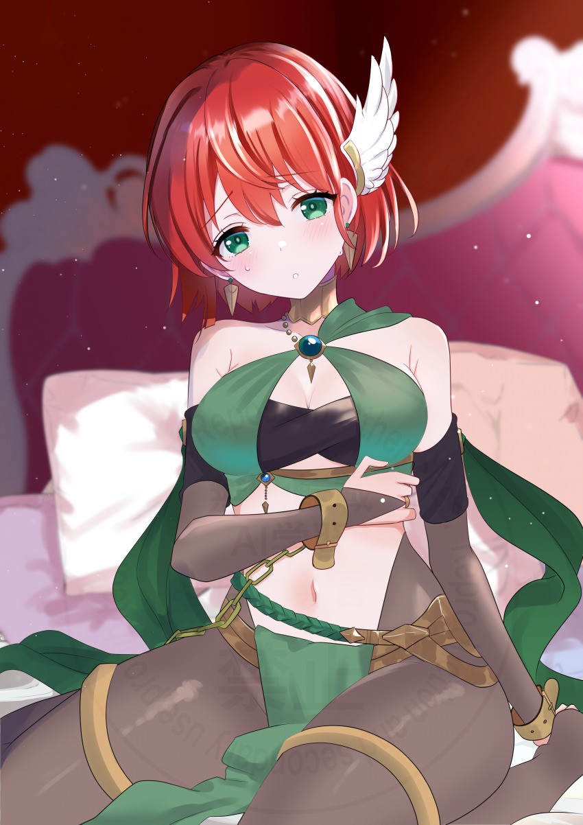 absurdres azusa_(azchemist63) bridal_gauntlets bridal_legwear closed_mouth commission cosplay dancer dorothea_arnault dorothea_arnault_(plegian) dorothea_arnault_(plegian)_(cosplay) fire_emblem fire_emblem:_the_blazing_blade gold_collar green_eyes hair_ornament harem_outfit highres lene_(fire_emblem) lene_(plegian)_(fire_emblem) nintendo pelvic_curtain priscilla_(fire_emblem) red_hair skeb_commission thigh_ring wing_hair_ornament