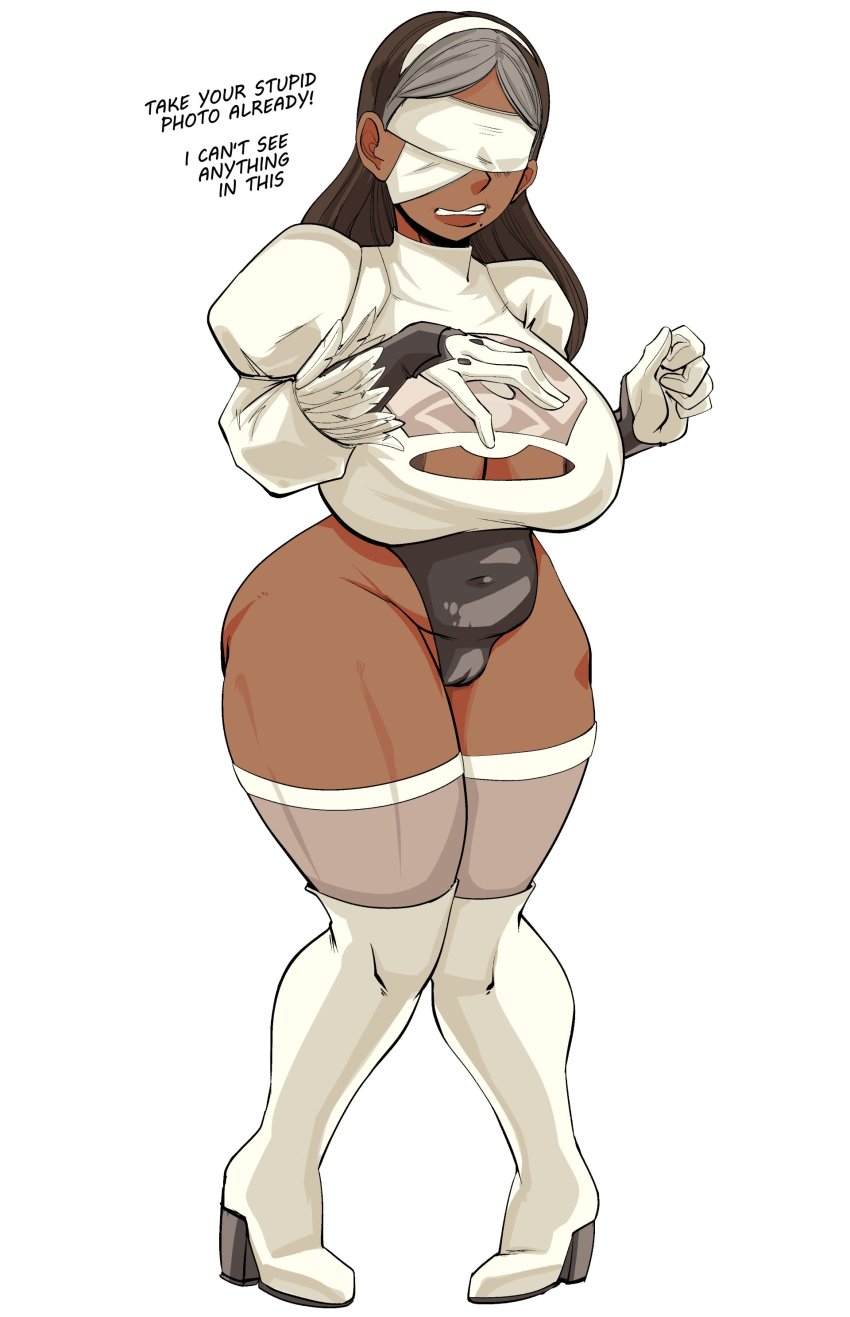 1girl absurdres black_eyes blindfold box_chan breasts cosplay dark-skinned_female dark_skin highres large_areolae large_breasts long_hair looking_at_viewer mature_female nipples priyanka_maheswaran simple_background steven_universe white_background yorha_no._2_type_p_(cosplay) 2p_(nier:automata)