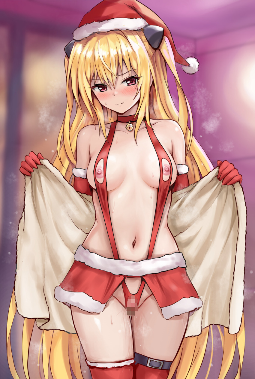 1girl bare_shoulders bell blonde_hair blush breasts capelet censored christmas collarbone elbow_gloves female_focus fur_trim gloves hair_ornament highres holding holding_towel konjiki_no_yami long_hair nipples petite pussy r-binon red_capelet red_eyes red_thighhighs santa_costume small_breasts speech_bubble steam thigh_strap thighhighs thighs to_love-ru to_love-ru_darkness towel variant_set