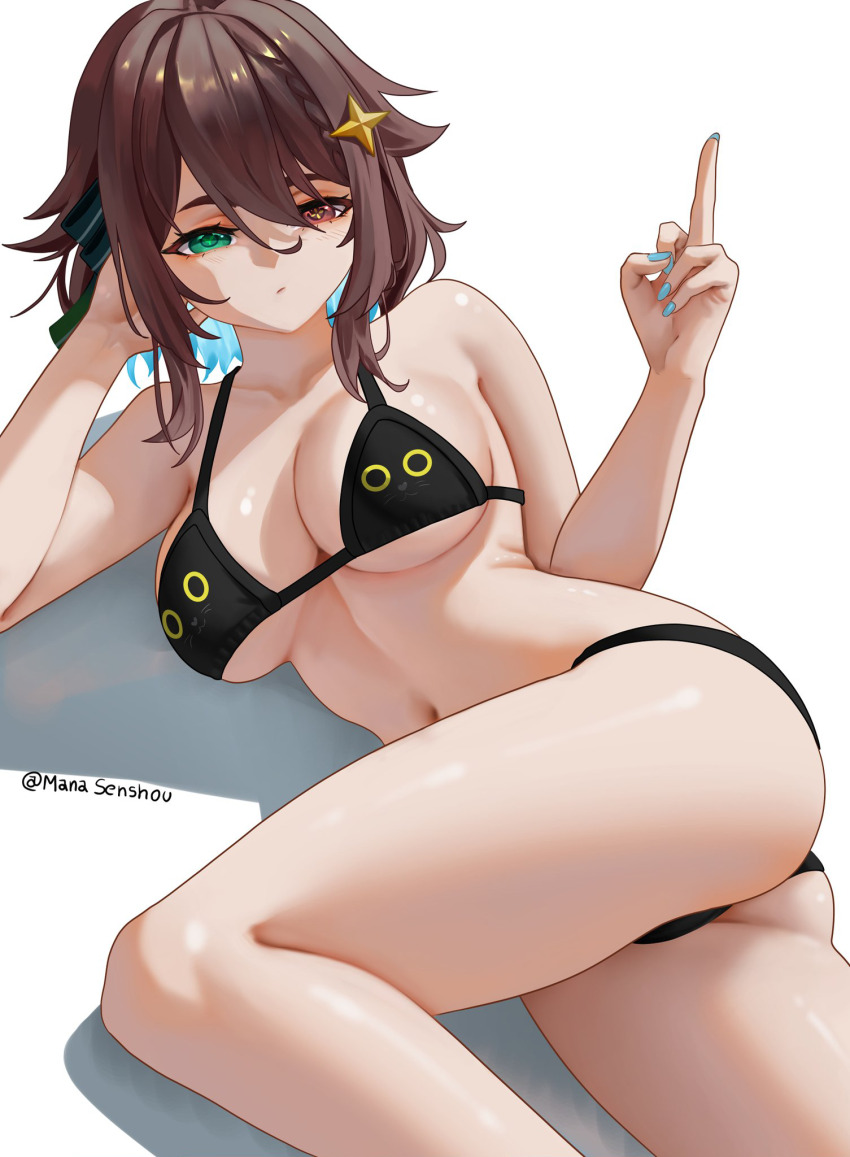 1girl annoyed aqua_hair aqua_nails artist_name ass bikini black_bikini braid breasts brown_eyes brown_hair closed_mouth collarbone colored_inner_hair eyebrows eyelashes feet_out_of_frame female_focus fingernails green_eyes green_ribbon hair_ornament hair_ribbon hand_on_own_head hand_up head_rest heterochromia highres chromashift knee_up large_breasts looking_at_viewer lying mana_(manasenshou) medium_hair meica_(vtuber) middle_finger multicolored_hair nail_polish navel on_side ribbon shadow simple_background solo star_(symbol) star_hair_ornament swimsuit two-tone_hair virtual_youtuber white_background