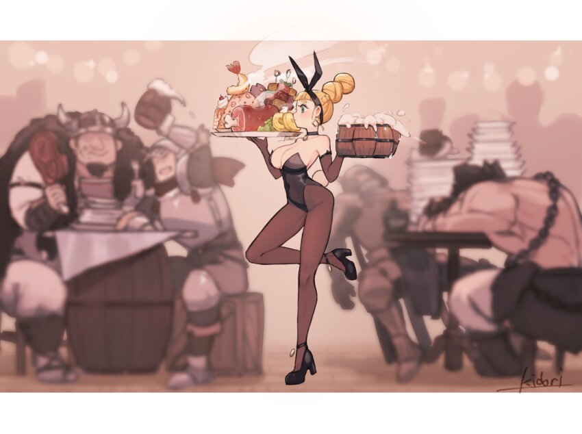 1girl 4boys alcohol bare_shoulders barrel beer black_choker black_hairband black_leotard blonde_hair blue_eyes blunt_bangs bow_hairband braid breasts choker cleavage crown_braid cup earrings eating elbow_gloves fake_horns foam food food_stack from_side fruit gloves hair_bun hairband helmet high_heels highleg highleg_leotard holding holding_cup holding_plate horned_helmet horns jewelry knee_up knight large_breasts leg_up leotard meat multiple_boys original pancake pancake_stack pantyhose pineapple pineapple_slice plate plate_stack platform_footwear playboy_bunny profile rabbit_tail server shish_kebab shrimp shrimp_tempura standing standing_on_one_leg steam strapless strapless_leotard table tail tempura yau5531
