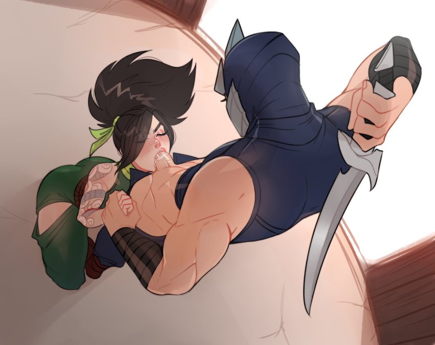 1boy 1girl abs akali arm_tattoo bare_arms bare_shoulders black_hair black_pants blush closed_eyes door facing_up fellatio from_above green_pants green_ribbon hair_ribbon hetero holding holding_behind_back holding_hands holding_knife holding_weapon holding_weapon_behind_back ilwha kneeling knife league_of_legends mask open_door open_pants oral pants penis ponytail ribbon shen_(league_of_legends) shiny_skin shoes shoulder_tattoo tattoo weapon