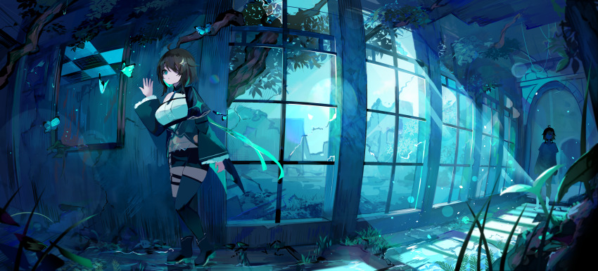 1girl absurdres ahoge aqua_theme asymmetrical_legwear black_capelet black_footwear black_shorts blue_hair boots broken_window brown_hair bug butterfly capelet chest_belt colored_inner_hair crack cracked_wall cross-laced_clothes cross-laced_shorts detached_sleeves dress dual_persona fisheye green_dress green_eyes green_thighhighs hair_flaps hair_ornament hair_over_one_eye half_capelet hallway hand_on_wall high_heel_boots high_heels highres indie_virtual_youtuber insect juliet_sleeves lens_flare light_particles light_rays long_sleeves looking_at_viewer medium_hair meica_(vtuber) meica_(vtuber)_(1st_costume) multicolored_hair o-ring o-ring_thigh_strap off-shoulder_shirt off_shoulder one_eye_covered over-kneehighs overgrown oversized_clothes oversized_shirt puffy_sleeves ruins shirt short_shorts shorts single_over-kneehigh single_thighhigh sprout-shaped_pupils star_(symbol) star_hair_ornament sunbeam sunlight symbol-shaped_pupils tamago_nezumi thigh_strap thighhighs two-tone_hair uneven_legwear virtual_youtuber white_shirt window zettai_ryouiki