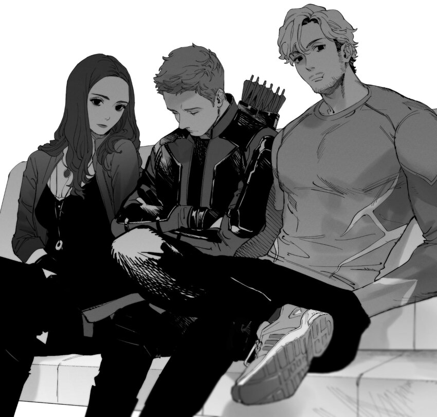 1girl 2boys absurdres arrow_(projectile) avengers:_age_of_ultron avengers_(series) breasts brother_and_sister clint_barton closed_eyes closed_mouth commentary_request couch crossed_arms crossed_legs dress facial_hair gem greyscale hand_in_pocket hawkeye_(marvel) highres jacket jewelry lips long_hair long_sleeves looking_at_viewer mandarin_collar marvel marvel_cinematic_universe medium_breasts monochrome multiple_boys necklace open_clothes open_jacket pants pietro_maximoff quicksilver_(marvel) roku0180 scarlet_witch shadow shirt shoes short_hair siblings simple_background sitting sleeping sneakers thighhighs wanda_maximoff