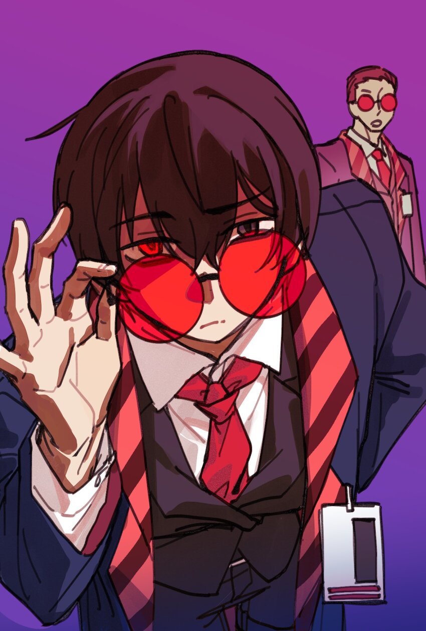 2boys adjusting_eyewear alternate_costume black-framed_eyewear black_hair black_pants black_vest blue_suit closed_mouth collared_shirt cosplay formal_clothes glasses gradient_background gubo_(project_moon) gubo_(project_moon)_(cosplay) highres id_card leaning_forward limbus_company long_sleeves looking_at_viewer male_focus multiple_boys necktie open_mouth pants project_moon purple_background red-tinted_eyewear red_eyes red_necktie round_eyewear shirt short_hair suit sunglasses tinted_eyewear upper_body vest yi_sang_(project_moon) yutakebus