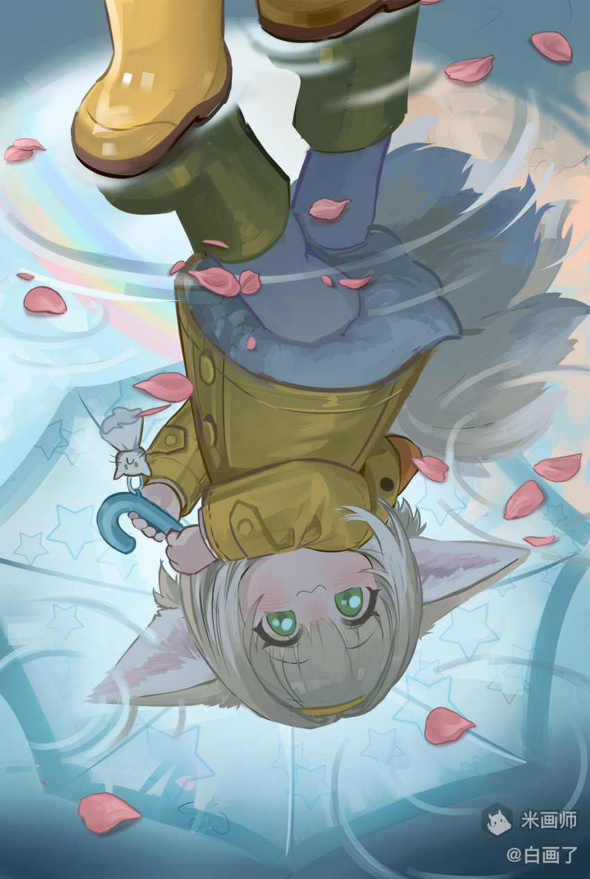 1girl :3 absurdres animal_ears arknights asamayuki_ra boots charm_(object) fox_ears fox_girl fox_tail green_eyes hairband highres holding holding_umbrella kitsune kyuubi looking_at_viewer multiple_tails petals raincoat reflection reflection_focus ripples rubber_boots solo star_(symbol) suzuran_(arknights) tail umbrella yellow_boots yellow_hairband yellow_raincoat