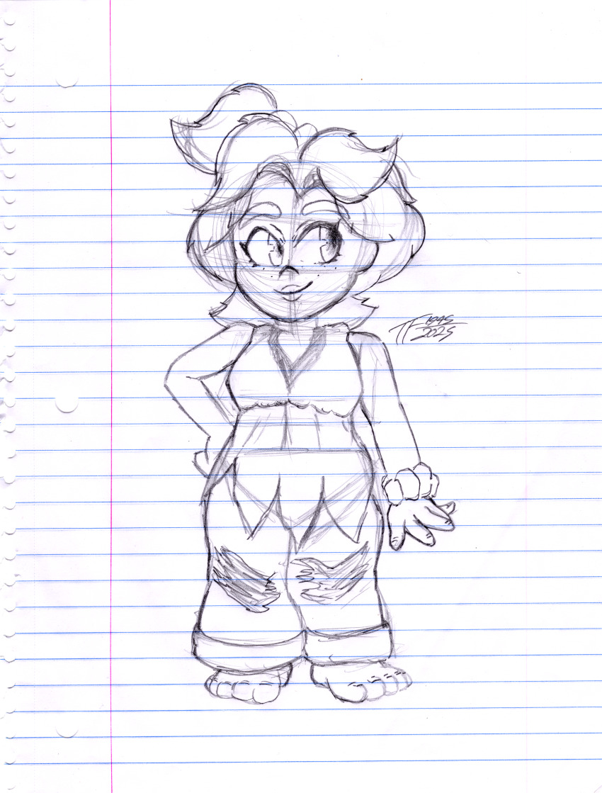 1girl bracelet child donkey_kong_(series) donkey_kong_bananza dress freckles hairband highres jewelry loli looking_at_viewer mario_(series) nintendo pants pauline_(mario) rough_sketch sketch solo standing torn_clothes torn_dress torn_pants