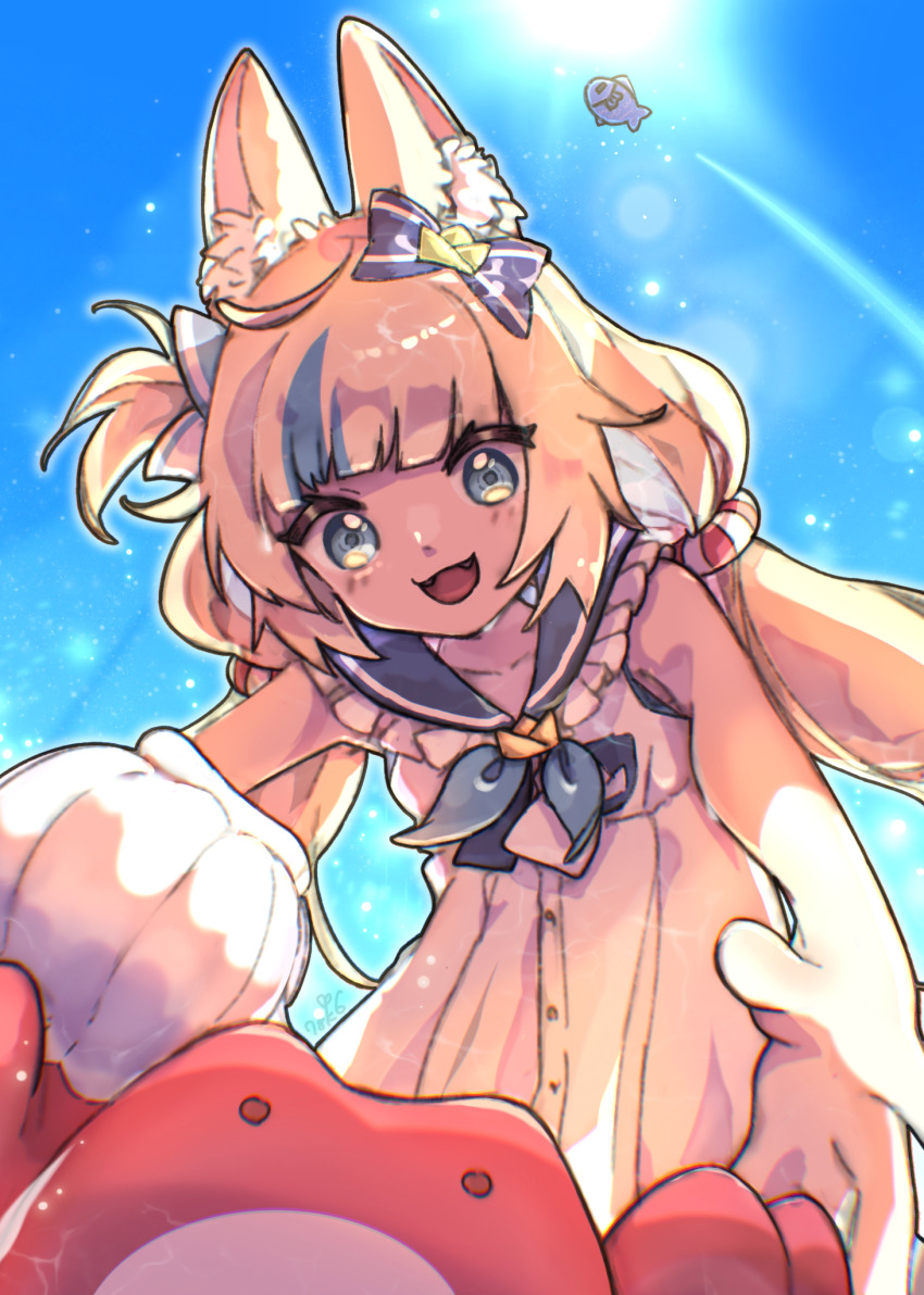 1girl :d ahoge animal_ear_fluff animal_ears blonde_hair blue_eyes blue_hair blue_sky blue_streaks blunt_bangs cat_ears commentary crab day dress fang fangs fish fish_girl highres holding_seashell indie_virtual_youtuber innertube_hair_ornament lens_flare lifebuoy_hair_ornament long_hair low_twintails multicolored_hair naekam open_mouth outdoors paper_boat sameko_saba sky sleeveless smile solo streaked_hair sun twintails very_long_hair virtual_youtuber white_dress