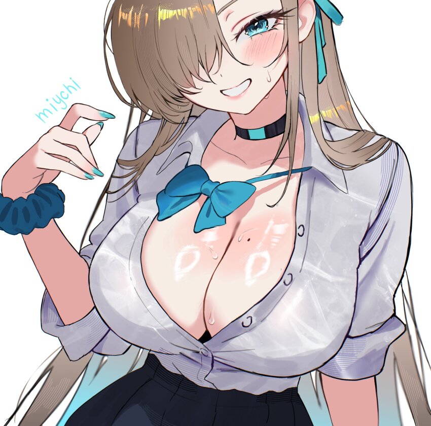 artist_request asuna_(blue_archive) blonde_hair blue_archive blue_eyes blue_nails breasts cleavage clothes_lift dress_shirt highres large_breasts long_hair looking_at_viewer miychi mole shirt shirt_lift skirt sweat sweatdrop white_shirt