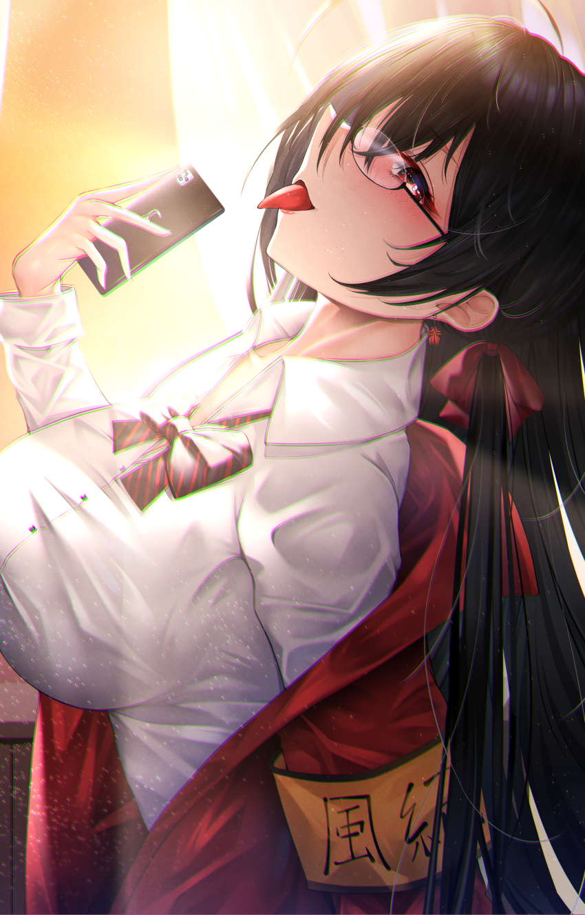 1girl absurdres azur_lane black_hair blush bow bowtie breasts cardigan cardigan_pull cellphone commentary dated_commentary earrings glasses hair_ribbon highres holding holding_phone jewelry large_breasts long_hair long_sleeves looking_at_viewer looking_to_the_side misa_pika official_alternate_costume open_cardigan open_clothes open_mouth phone red_cardigan red_eyes ribbon school_uniform shirt sideways_glance simple_background smartphone solo sunlight taihou_(azur_lane) taihou_(sweet_time_after_school)_(azur_lane) tongue tongue_out upper_body white_shirt
