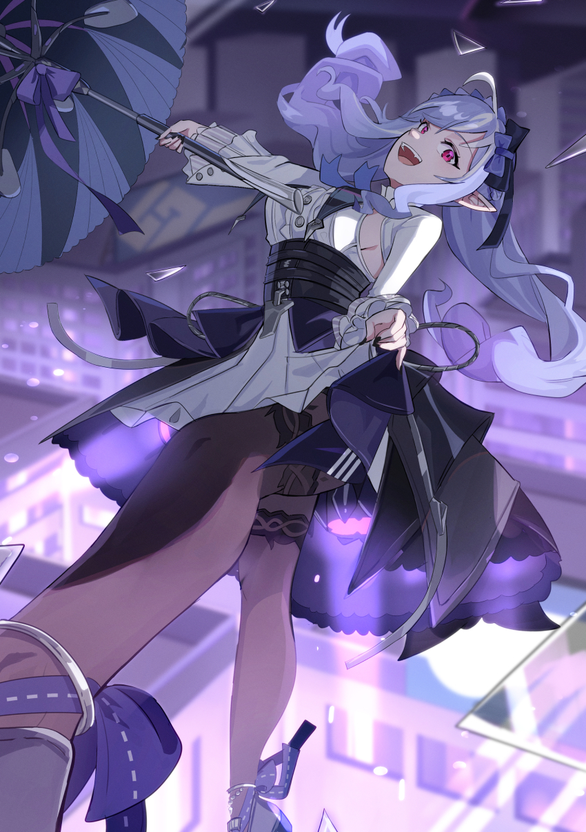 1girl absurdres brown_pantyhose commentary daweykun detached_sleeves dress english_commentary fangs floating_hair highres holding holding_umbrella long_hair looking_at_viewer open_mouth pantyhose parasol pointy_ears purple_hair red_eyes smile solo umbrella vivian_banshee white_dress zenless_zone_zero