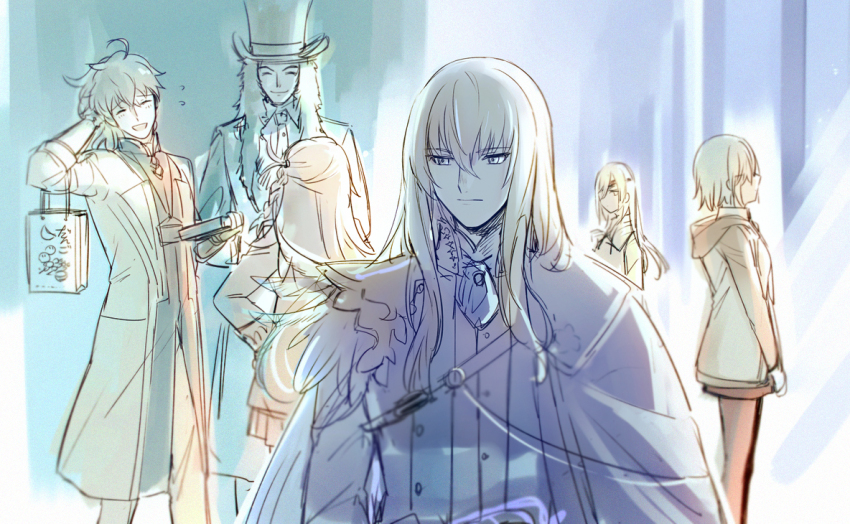 3boys 3girls aki_(neyuki41028) ascot bag blonde_hair blue_ascot blue_eyes blurry braid cape chaldea_logo chaldea_security_organization chaldea_uniform closed_eyes closed_mouth coat depth_of_field elbow_carry eyepatch fate/grand_order fate_(series) feathers flying_sweatdrops formal_clothes glasses gold_trim green_coat hair_between_eyes hair_over_one_eye hand_on_own_hip hat holding holding_bag hood hooded_jacket jacket kirschtaria_wodime lab_coat lev_lainur_flauros light_blush long_hair long_sleeves looking_at_another looking_to_the_side mash_kyrielight multicolored_coat multiple_boys multiple_girls nervous_smile olga_marie_animusphere open_mouth ophelia_phamrsolone pale_color pants pantyhose partially_colored ponytail romani_archaman short_hair side_cape single_braid sketch skirt sleeves_rolled_up smile suit top_hat two-tone_coat vest white_cape white_coat white_feathers white_jacket white_pants white_suit white_vest
