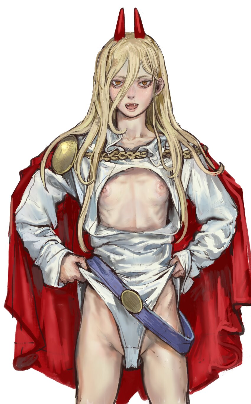 1girl absurdres belt blonde_hair blue_belt breasts cape chainsaw_man cosplay cross-shaped_pupils dc_comics demon_girl demon_horns fangs hair_between_eyes highres horns leotard long_hair long_hair_between_eyes looking_at_viewer mossacannibalis nipples open_mouth oversized_clothes power_(chainsaw_man) power_girl power_girl_(cosplay) red_cape red_horns simple_background small_breasts solo symbol-shaped_pupils white_background white_leotard