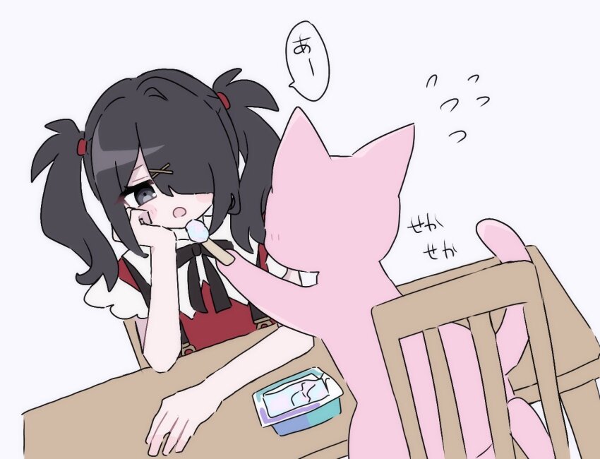 1girl ame-chan_(needy_girl_overdose) black_eyes black_hair cat chair commentary_request elbow_rest engepumipumi feeding flying_sweatdrops food food_request hair_ornament hair_over_one_eye hairclip hand_on_own_cheek hand_on_own_face jitome neck_ribbon needy_girl_overdose open_mouth pien_cat_(needy_girl_overdose) ribbon short_sleeves suspenders table translation_request twintails x_hair_ornament