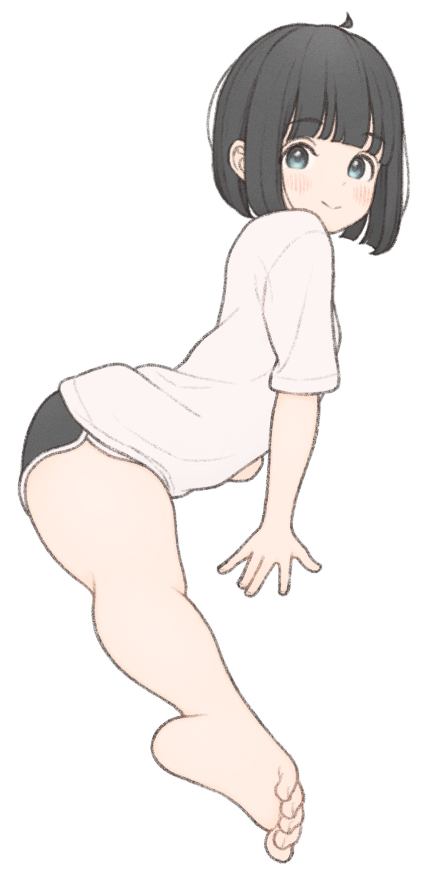 1girl 1ssakawaguchi absurdres arched_back arm_support bare_legs barefoot black_shorts blush bob_cut closed_mouth commentary_request dolphin_shorts feet from_side grey_eyes highres ichika_(1ssakawaguchi) kneepits looking_at_viewer original shirt short_hair short_shorts short_sleeves shorts side_sitting_split simple_background smile solo split thighs toe_scrunch toenails toes white_background white_shirt