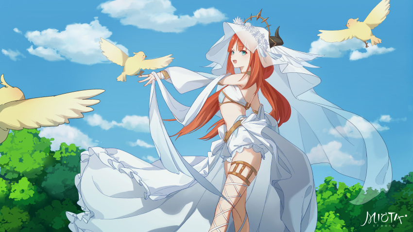 1girl absurdres arm_up artist_name bare_shoulders bird black_eyes blue_eyes blue_sky blush breasts bush cloud cloudy_sky colored_skin commentary_request crop_top darkcatowo detached_sleeves flower flying genshin_impact gold hair_ornament hand_up highres horns jewelry leaf long_sleeves looking_at_another looking_to_the_side medium_breasts nilou_(genshin_impact) open_mouth outdoors puffy_long_sleeves puffy_sleeves red_hair shorts sky smile standing tongue veil white_flower white_shorts wings yellow_skin