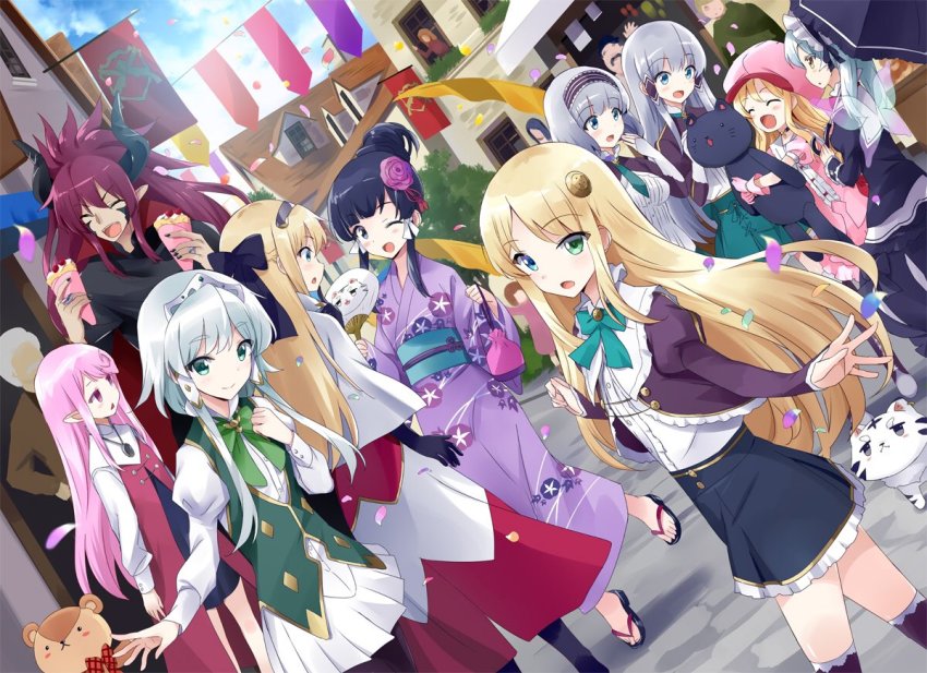 black_hair blonde_hair blue_eyes blush dress else_shileska elze_silhoueska closed_eyes festival green_eyes hair_ornament harem hat hildegard_minas_restia isekai_wa_smartphone_to_tomo_ni. japanese_clothes kimono kohaku_(isekai_wa_smartphone_to_tomo_ni.) kokonoe_yae leen_(isekai_wa_smartphone_to_tomo_ni.) linse_shileska long_hair looking_at_viewer lucia_rea_regulus multiple_girls novel_illustration official_art open_mouth paula_(isekai_wa_smartphone_to_tomo_ni.) pink_eyes pink_hair ribbon short_hair silver_hair skirt smile soucie_elnea_ortlinde twintails usatsuka_eiji yukata yumina_elnea_belfast