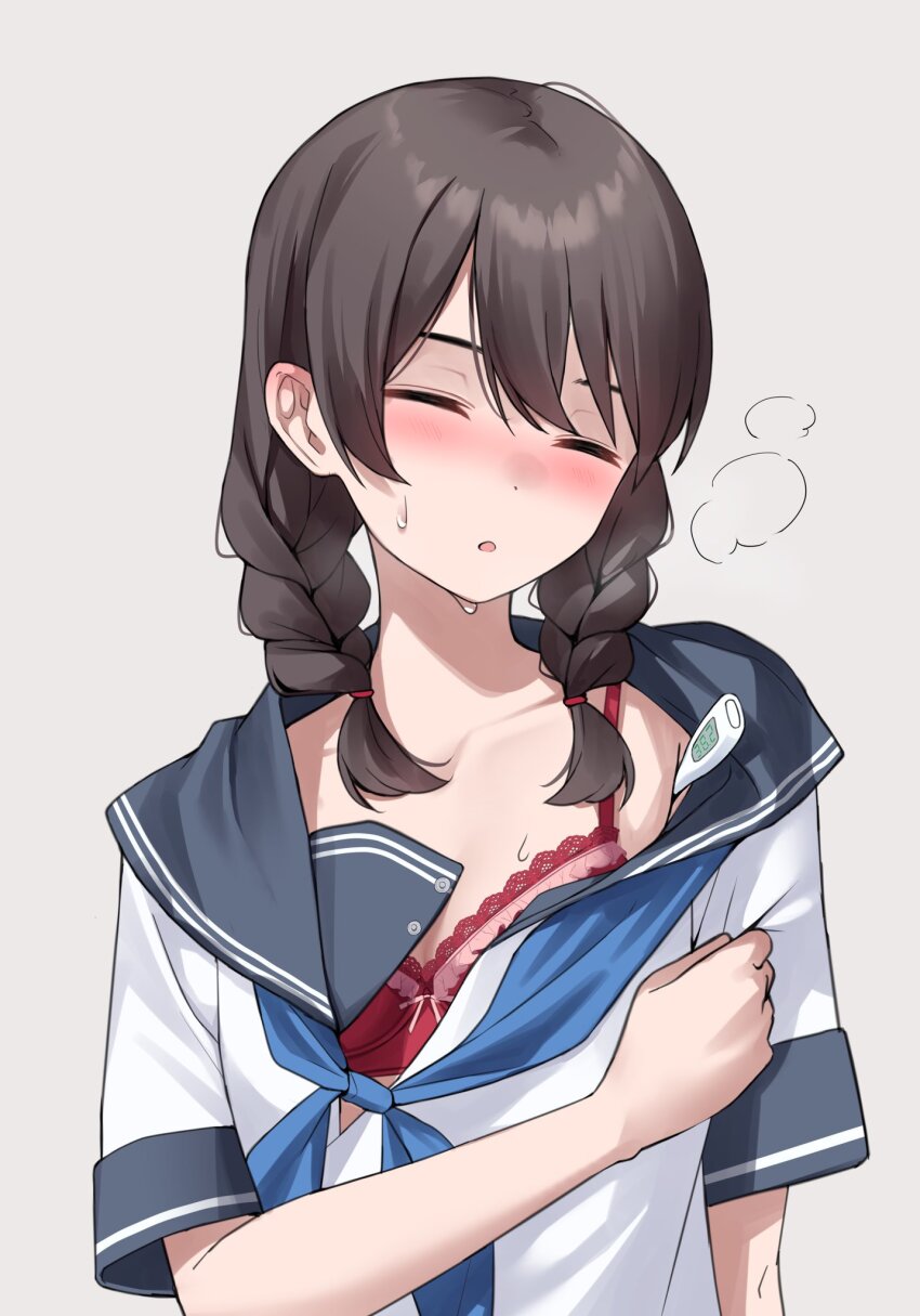1girl air_bubble blue_neckerchief blue_sailor_collar blush bra braid brown_hair bubble closed_eyes collarbone fever grey_background hair_between_eyes highres long_hair nagio_(kiona) neckerchief open_mouth original partially_undressed red_bra sailor_collar school_uniform serafuku shirt short_sleeves sick simple_background solo sweat thermometer twin_braids twintails underwear white_serafuku white_shirt
