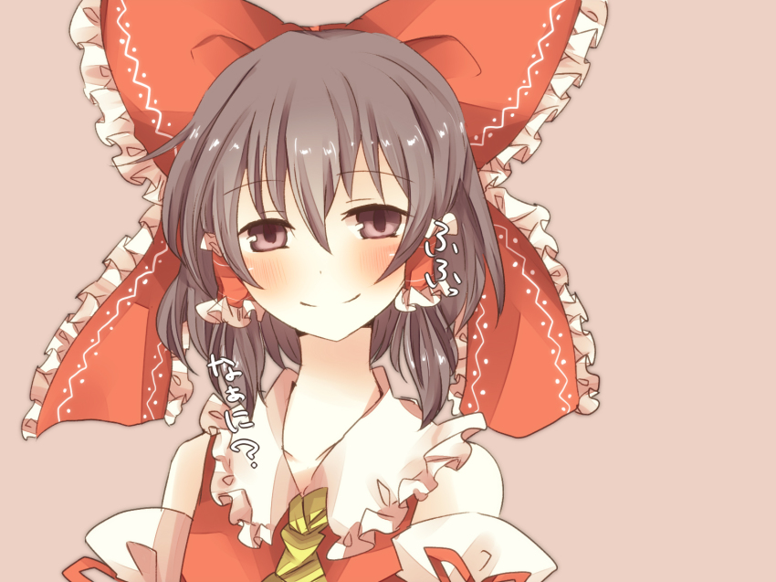 1girl ascot bad_id bad_pixiv_id blush bow brown_eyes brown_hair detached_sleeves dress female_focus hair_bow hair_tubes hakurei_reimu highres japanese_clothes miko pasutel red_dress simple_background smile solo touhou