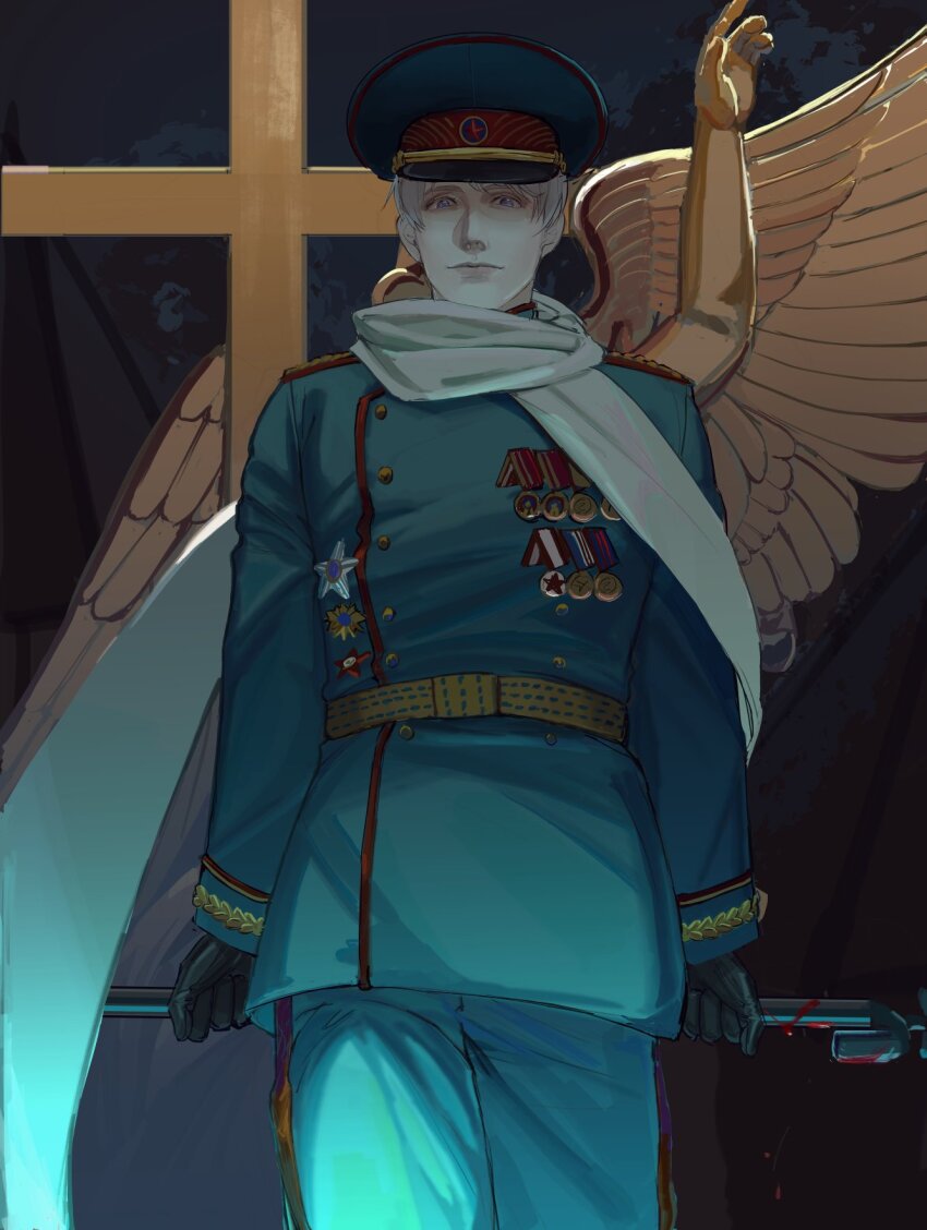 1boy aqua_hat aqua_jacket aqua_pants axis_powers_hetalia belt black_gloves black_sky blood buttons closed_mouth cowboy_shot cross gloves grey_hair hat hat_ornament highres holding holding_lead_pipe jacket lead_pipe long_sleeves looking_at_viewer male_focus medal military_hat military_jacket military_uniform mounting night night_sky outdoors pants purple_eyes russia_(hetalia) scarf short_hair sky smile solo standing star_(symbol) star_hat_ornament star_ornament statue white_scarf yellow_belt zhongerweiyuan