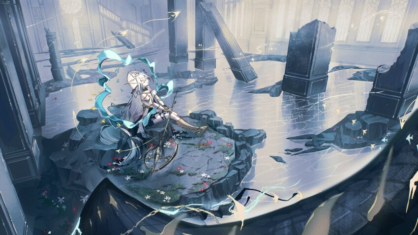 1girl absurdres angelfish aqua_ribbon arknights boots closed_eyes commentary dress fish gold_boots gold_gloves highres holding holding_staff indoors knee_boots long_hair low-tied_long_hair music natsuba002 official_alternate_costume open_mouth phoenix_crown pillar ribbon ruins sidelocks singing skadi_(arknights) skadi_the_corrupting_heart_(arknights) skadi_the_corrupting_heart_(sublimation)_(arknights) solo staff very_long_hair water white_dress white_hair window