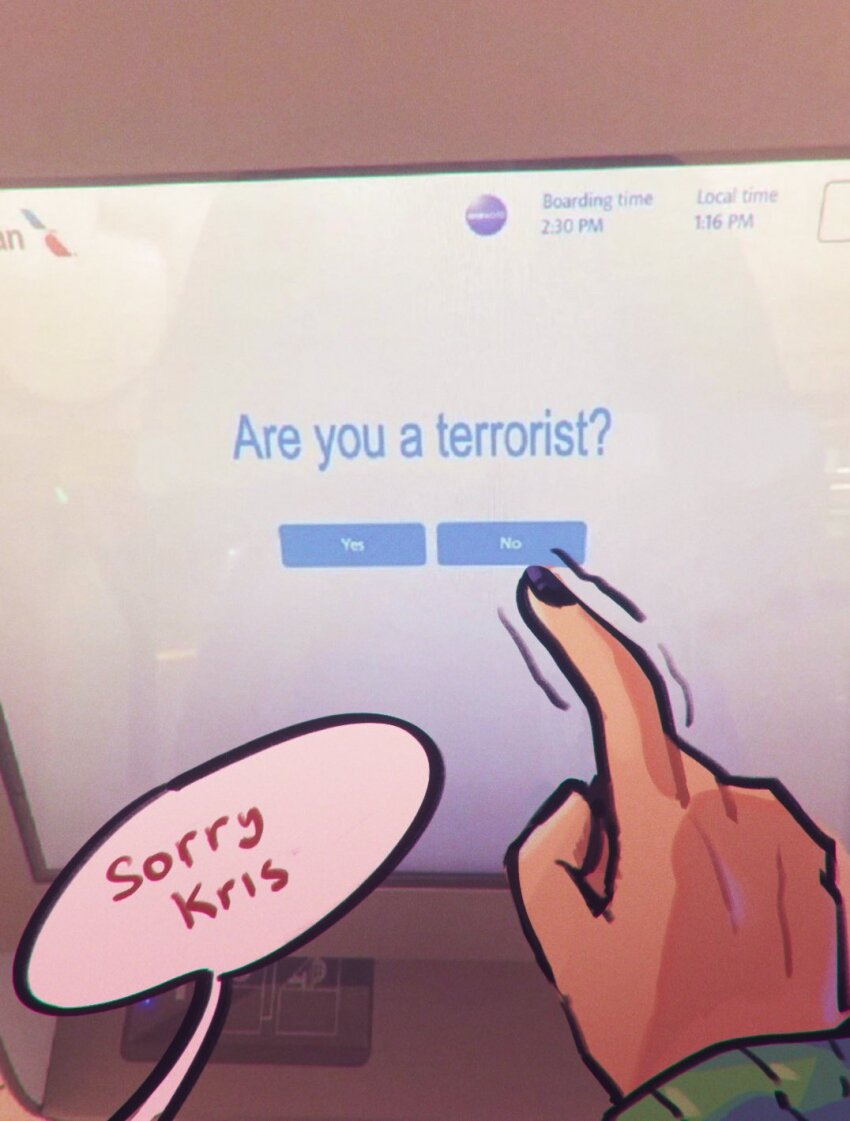 1other black_nails commentary deltarune english_commentary english_text green_sweater highres kris_(deltarune) long_sleeves monitor photo-referenced photo_background pov pov_hands solo speech_bubble sweater swyshie trembling