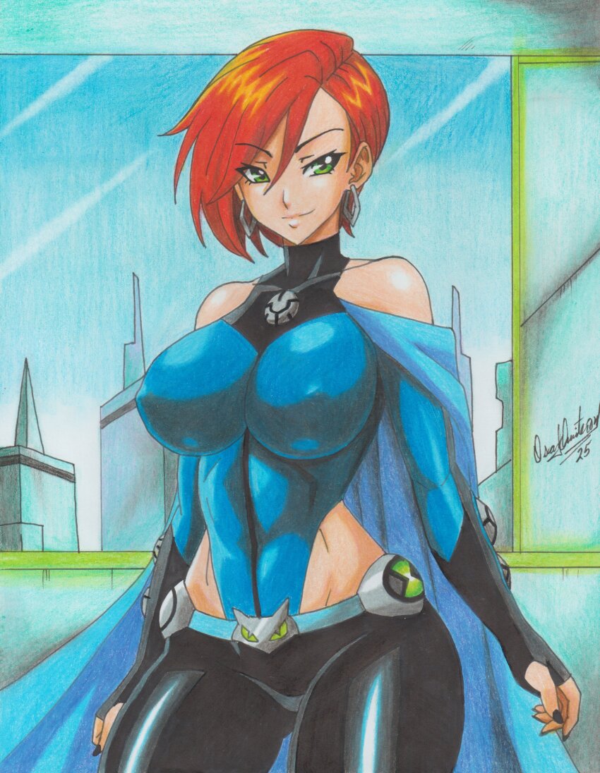 1girl absurdres aged_up belt ben_10 ben_10:_omniverse blue_leotard bodysuit breasts cloak earrings gloves green_eyes gwen_tennyson gwen_tennyson_(future) highres hood hooded_cloak jewelry large_breasts latex latex_gloves leotard omnitrix orange_hair pants pixie_cut ravernclouk_design short_hair solo thighs two-tone_bodysuit very_short_hair