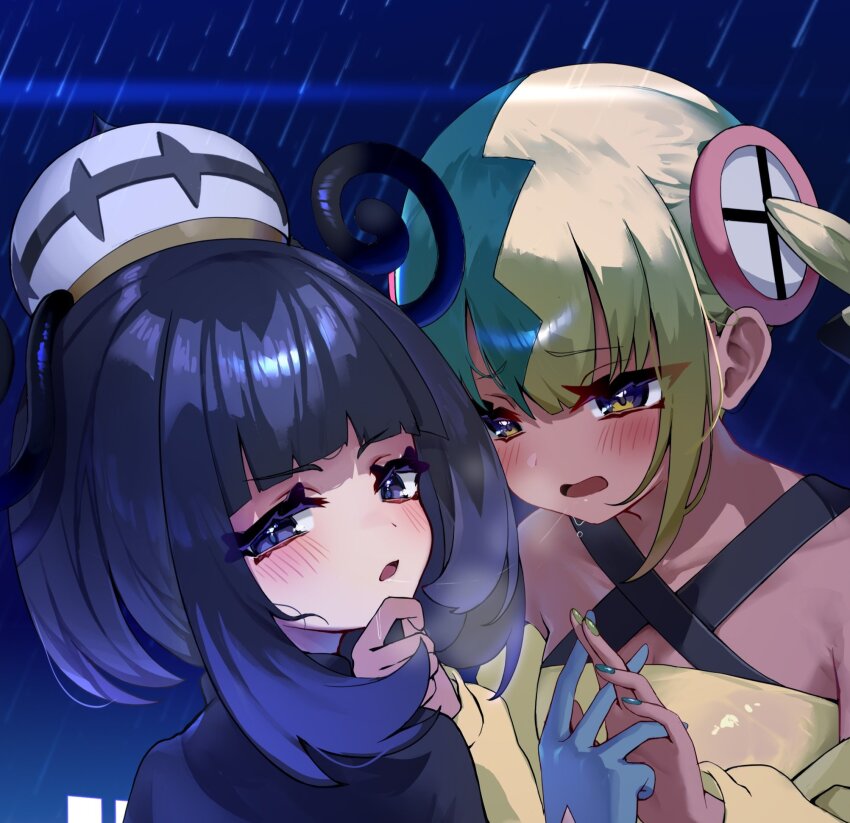 2girls after_kiss aqua_hair black_hair blonde_hair blue_gloves blunt_bangs blush bob_cut canari_(pokemon) crop_top dark-skinned_female dark_skin eyelashes gloves gradient_hair gwynn_(pokemon) hand_on_another&#039;s_chin hat highres interlocked_fingers long_sleeves looking_at_another multicolored_hair multicolored_nails multiple_girls nintendo open_mouth pokemon pokemon_legends:_z-a purple_eyes purple_hair saliva saliva_trail short_hair split-color_hair trap_(drthumt) two-tone_nails yuri