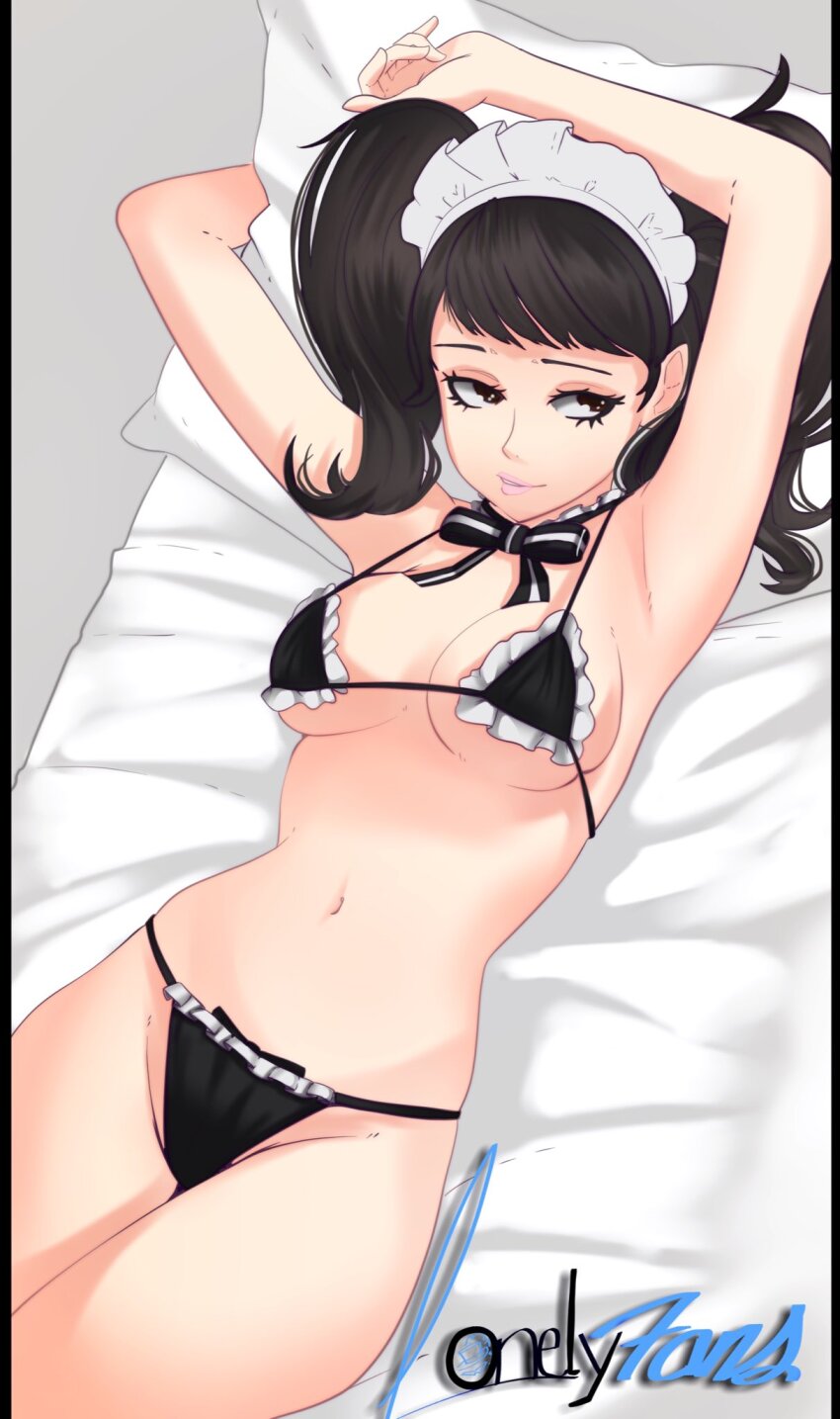 1girl armpits arms_up bikini black_bikini black_hair blysill breasts brown_eyes choker cowboy_shot eyelashes frilled_bikini frilled_choker frills from_above grey_background highres indoors kawakami_sadayo large_breasts lips logo_parody looking_to_the_side maid_headdress micro_bikini on_bed parted_lips persona persona_5 pillow solo swept_bangs swimsuit thighs twintails white_choker